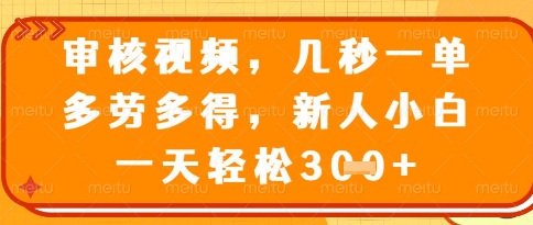 视频审核员，几秒一单，不限时间，不限地点，多做多得，新人小白一天轻松几张+