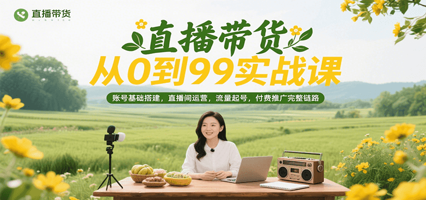 直播带货从0到99实战课，账号基础搭建，直播间运营，流量起号，付费推广完整链路