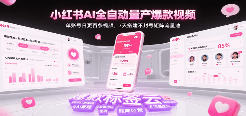 小红书AI全自动量产爆款视频，单账号日更百条视频，7天搭建不封号矩阵流量池（更新）