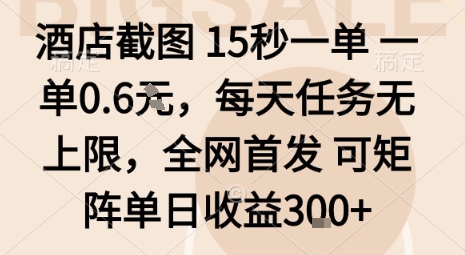 酒店截图15秒一单，一单0.6米，每天任务无上限，全网首发可矩阵单日收益3张