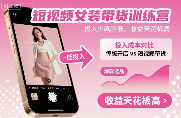 短视频女装带货训练营，投入少风险低，收益天花板高