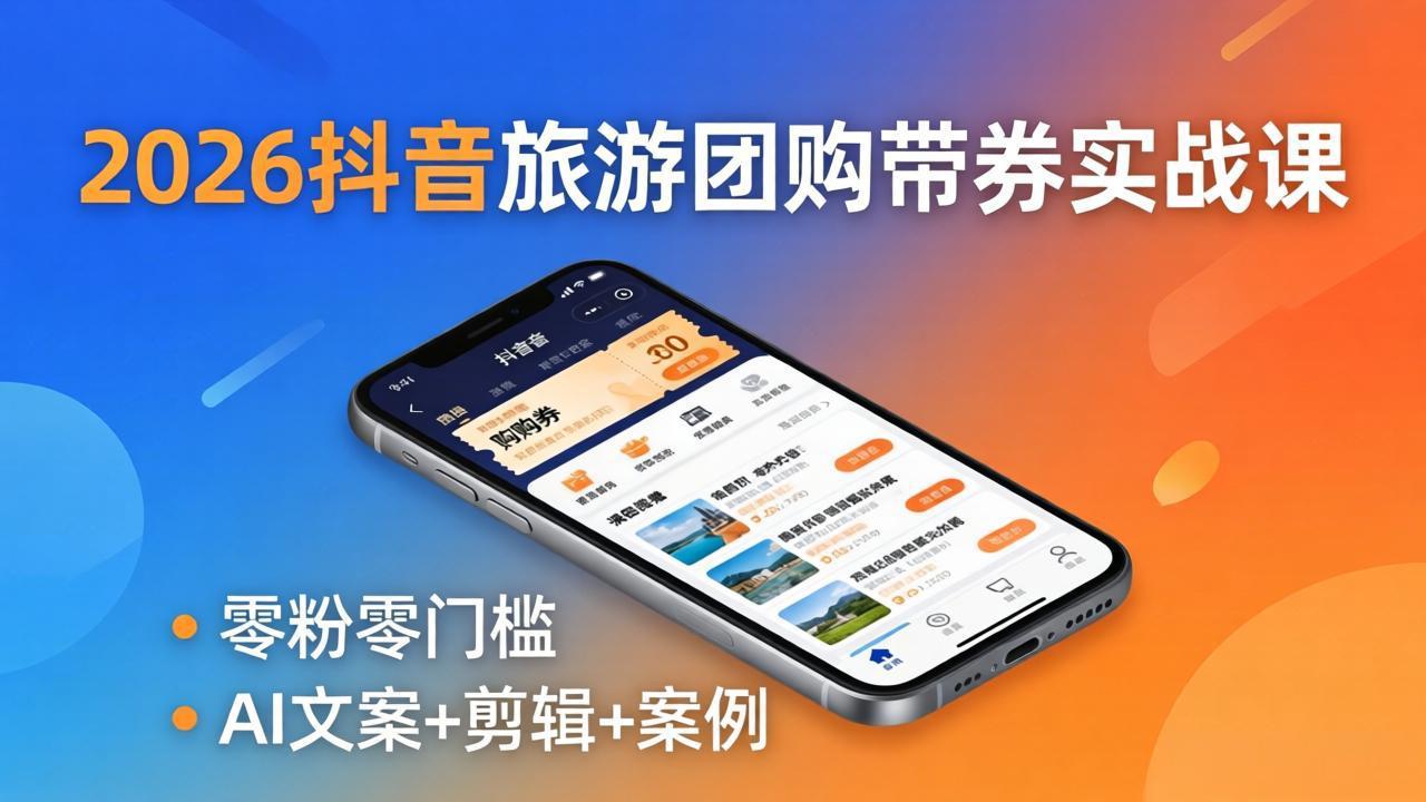（18175期）2026抖音旅游团购带券实战课：零粉零门槛，AI文案+剪辑+案例，躺着赚门票佣金