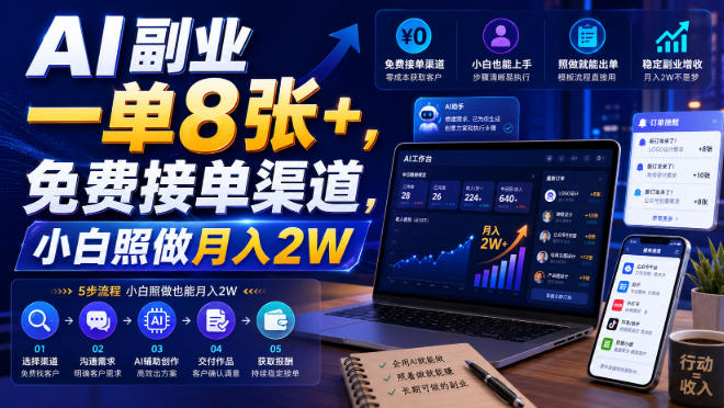 AI副业一单8张+，免费接单渠道，小白照做月入2W
