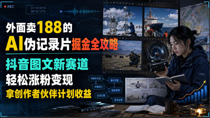 外面卖188的AI伪记录片掘金全攻略,抖音图文新赛道,轻松涨粉变现,拿创作者伙伴计划收益【文档】