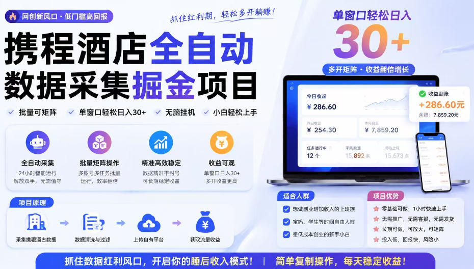 携程酒店采集挂G项目,批量可矩阵,单机轻松日入300+,开启你的睡后收入模式!