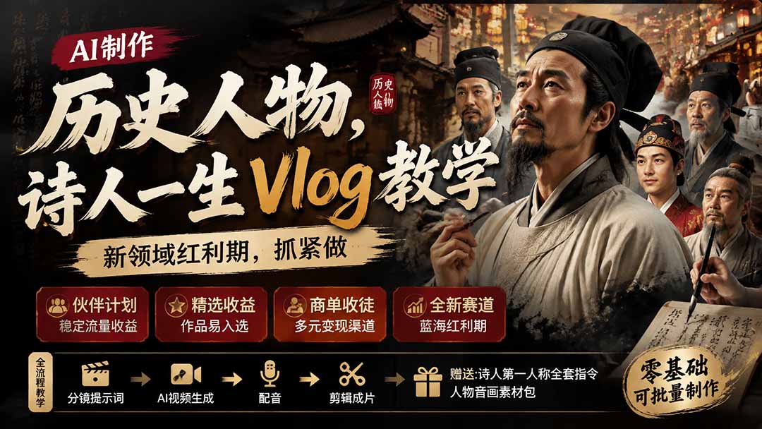 (19758期)历史人物,诗人一生Vlog教学, AI制作丨伙伴计划丨精选收益丨商单收徒 ,新领域红利期,抓紧做