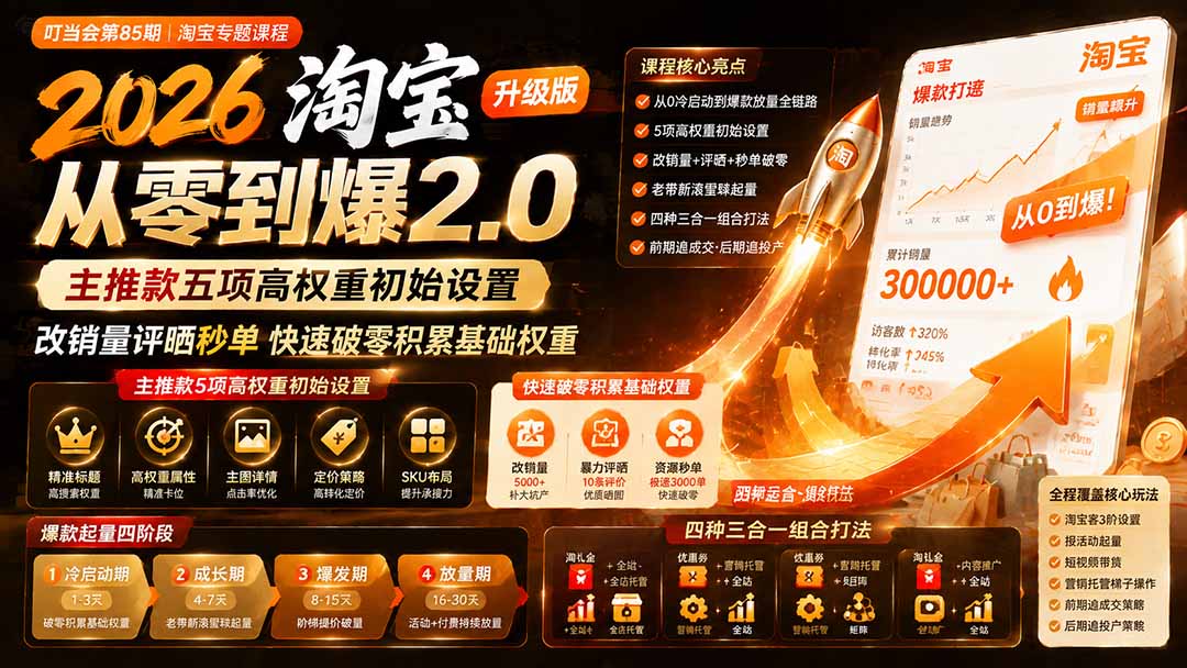 （19742期）2026淘宝从零到爆2.0第85期；主推款五项高权重初始设置，改销量评晒秒单快速破零积累基础权重